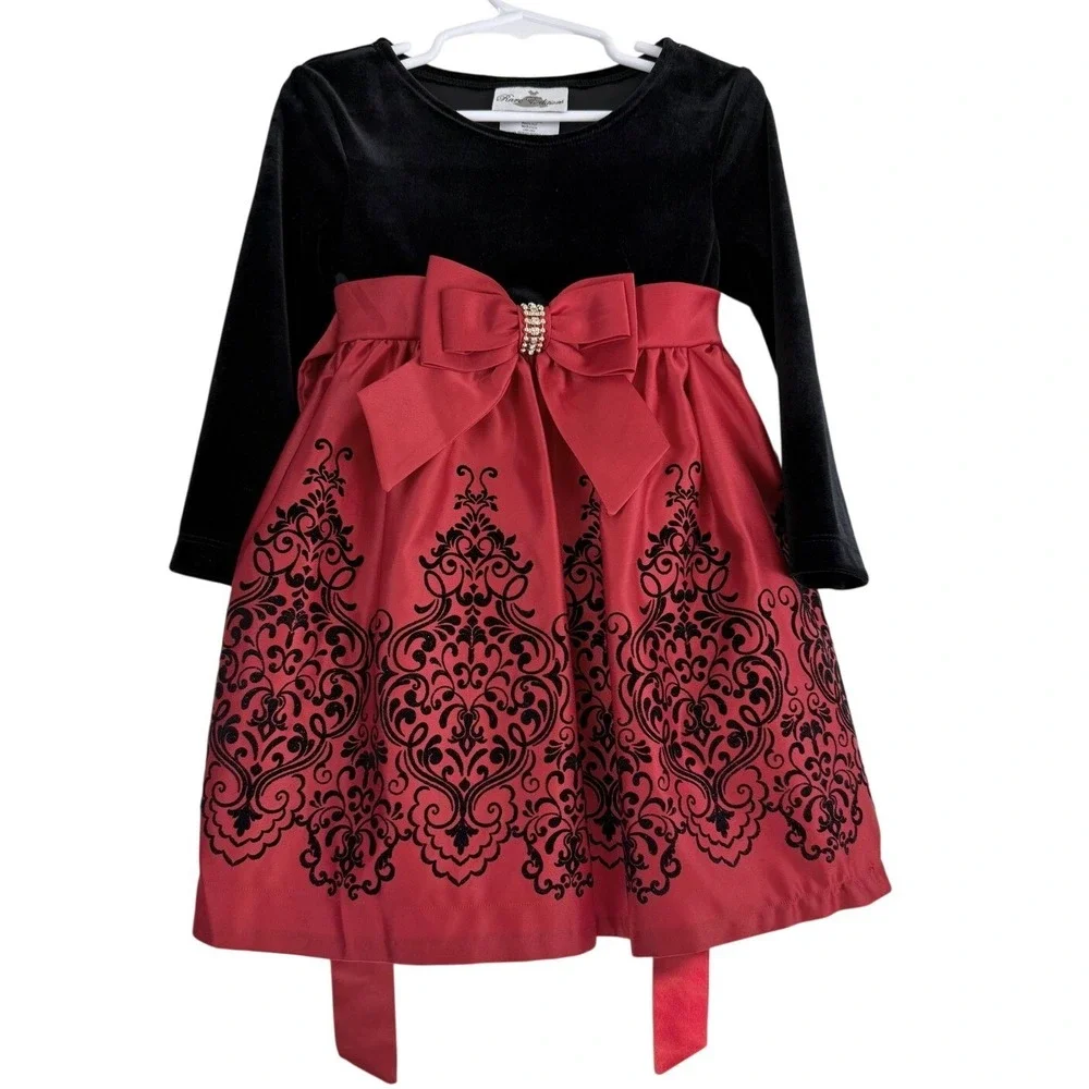 Rare Editions Girls 3T Black Velvet Red Damask Holiday Christmas Dress‎ H737422